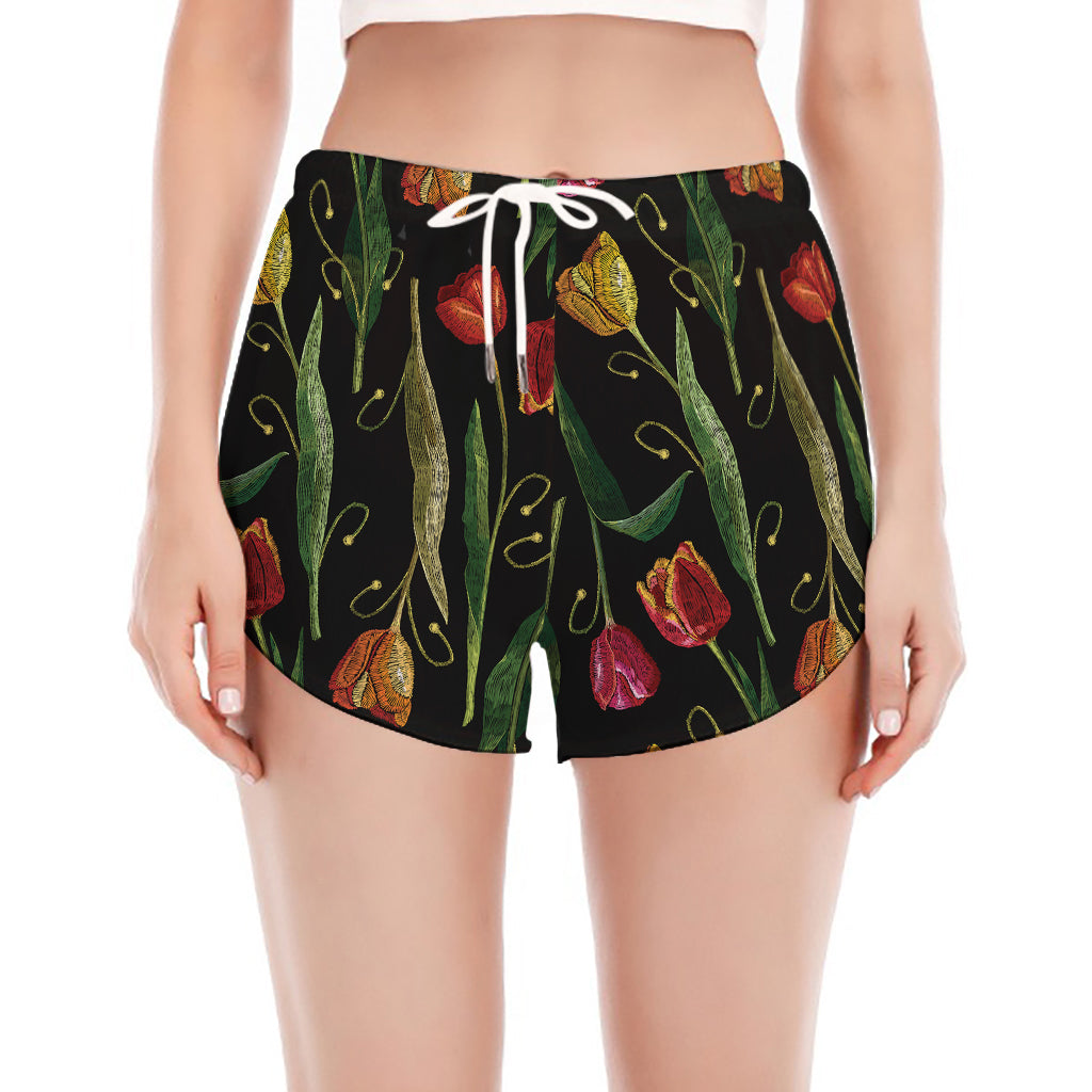 Embroidery Tulip Pattern Print Women's Split Running Shorts