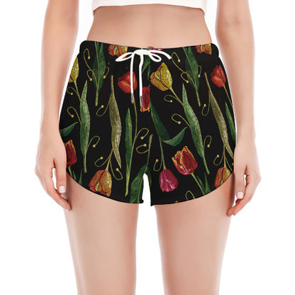 Embroidery Tulip Pattern Print Women's Split Running Shorts