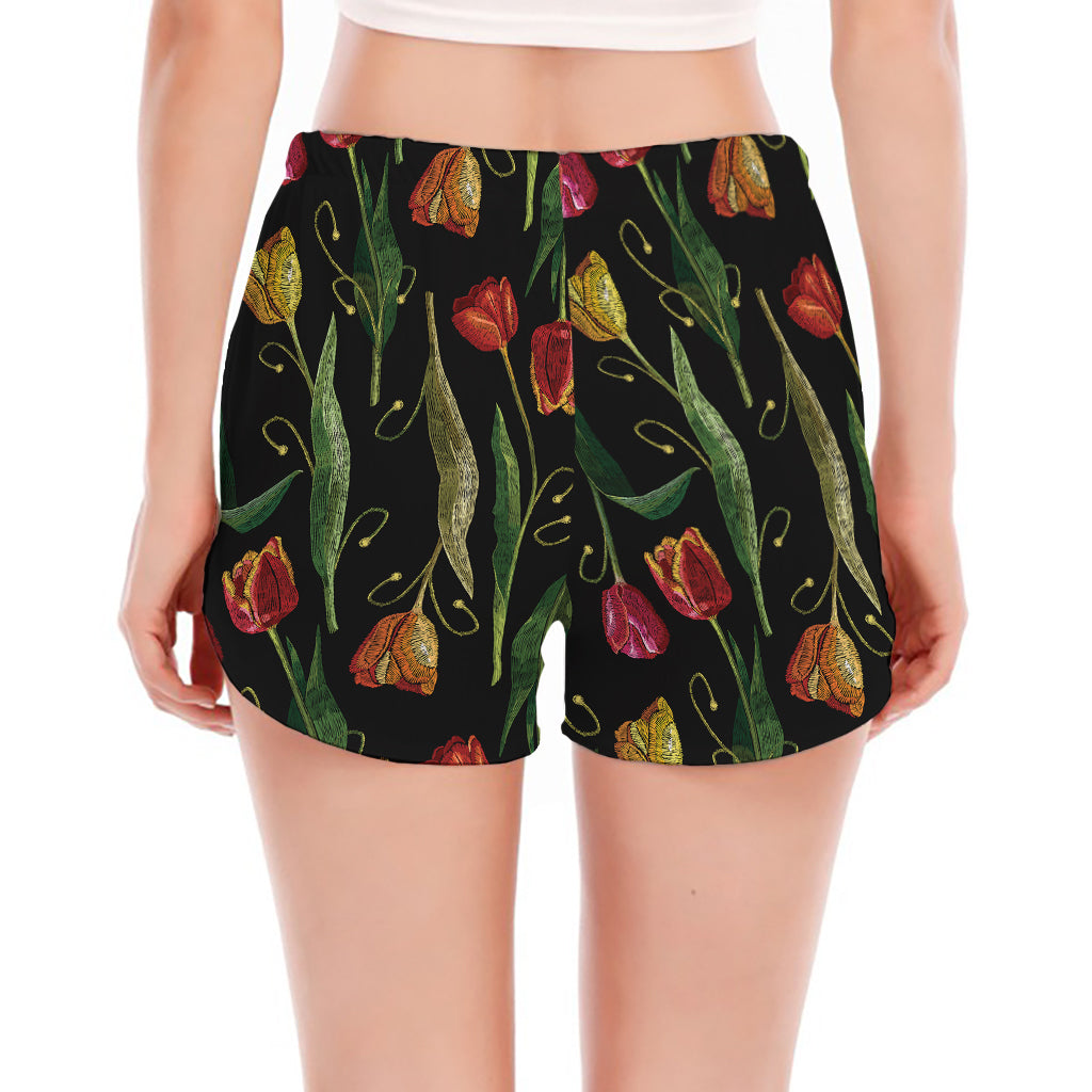 Embroidery Tulip Pattern Print Women's Split Running Shorts