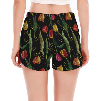 Embroidery Tulip Pattern Print Women's Split Running Shorts