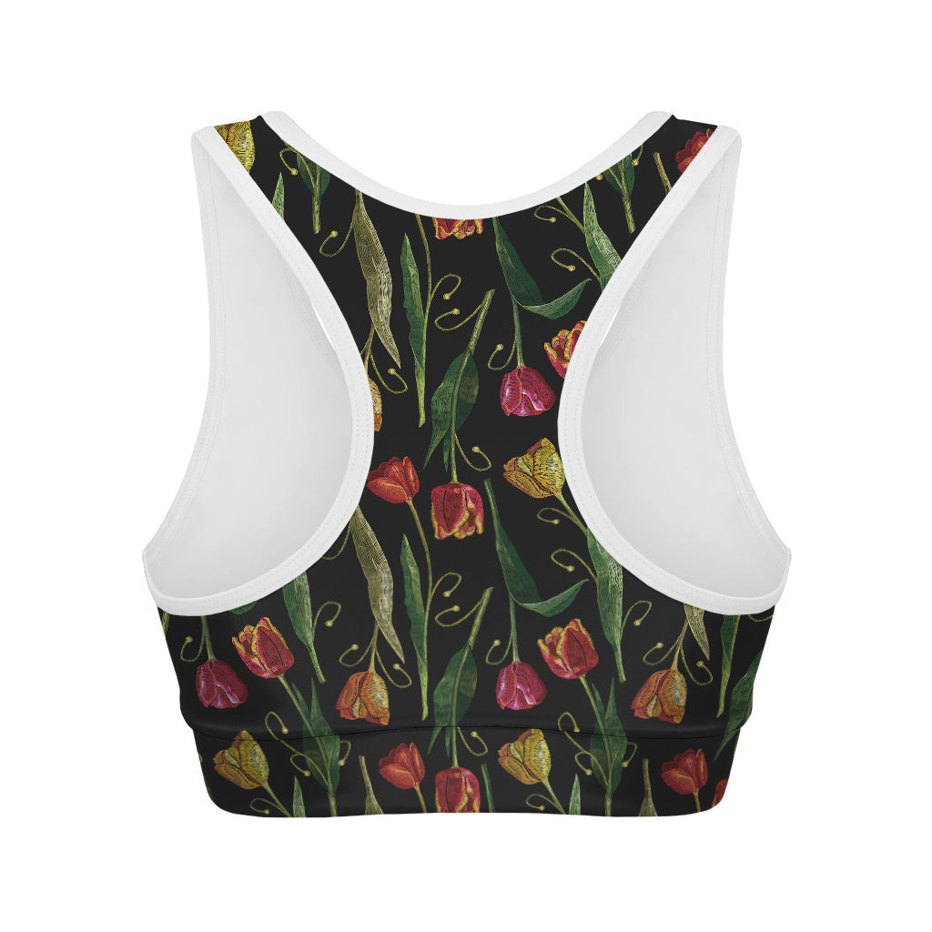 Embroidery Tulip Pattern Print Women's Sports Bra