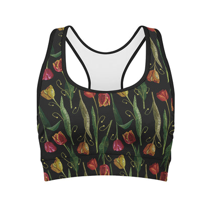 Embroidery Tulip Pattern Print Women's Sports Bra