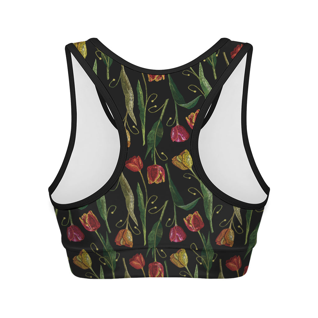 Embroidery Tulip Pattern Print Women's Sports Bra