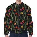 Embroidery Tulip Pattern Print Zip Sleeve Bomber Jacket