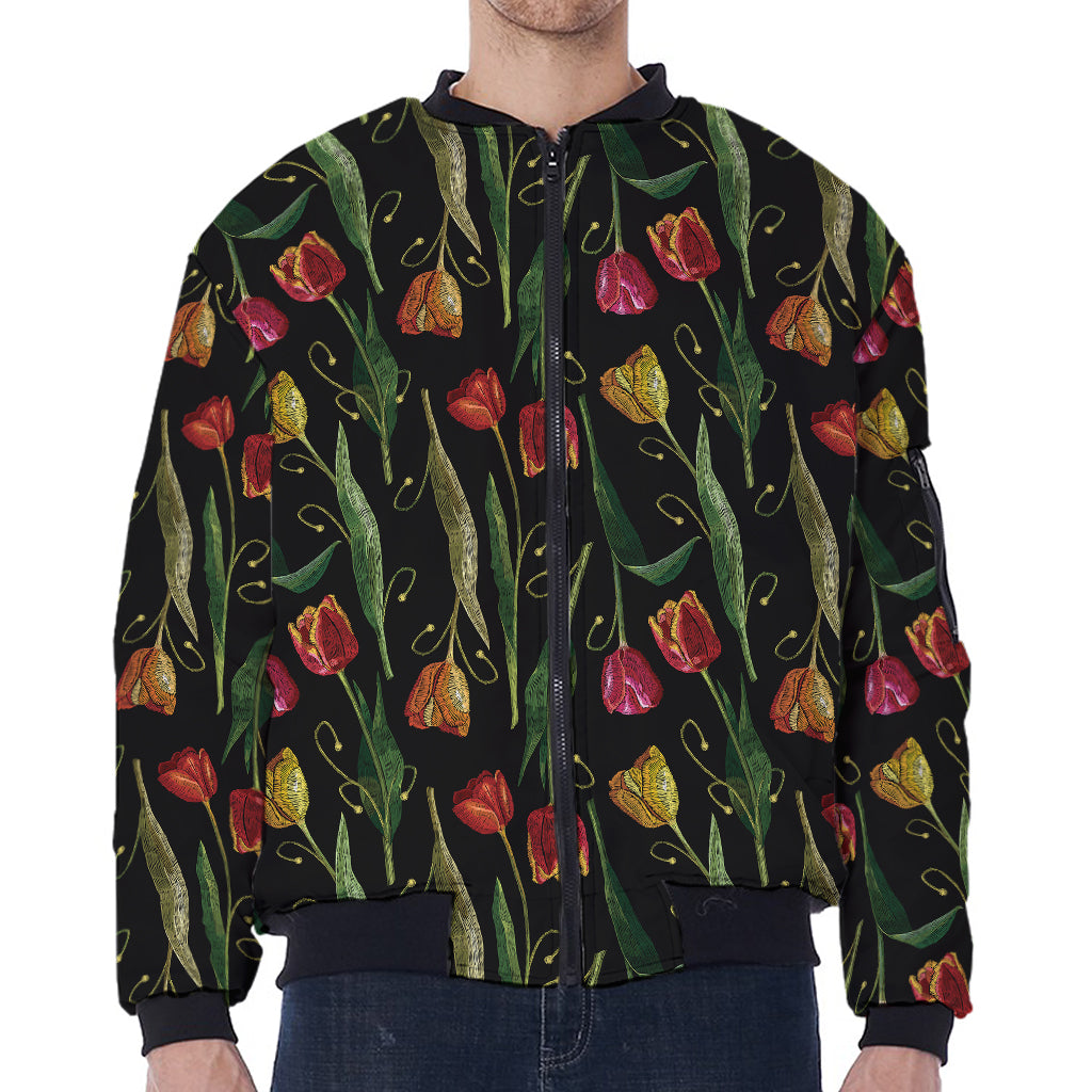 Embroidery Tulip Pattern Print Zip Sleeve Bomber Jacket