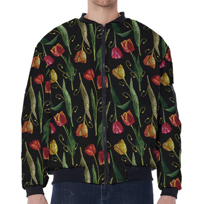 Embroidery Tulip Pattern Print Zip Sleeve Bomber Jacket