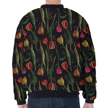 Embroidery Tulip Pattern Print Zip Sleeve Bomber Jacket