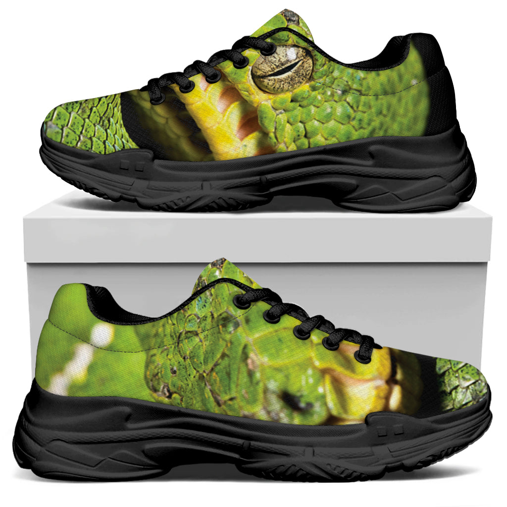 Emerald Tree Boa Snake Print Black Chunky Shoes