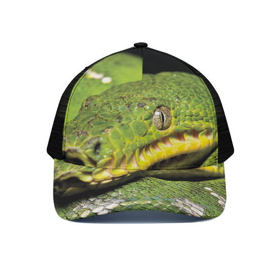 Emerald Tree Boa Snake Print Black Mesh Trucker Cap