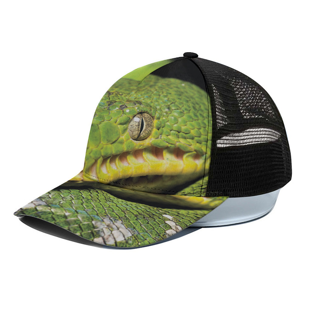 Emerald Tree Boa Snake Print Black Mesh Trucker Cap