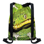 Emerald Tree Boa Snake Print Drawstring Backpack
