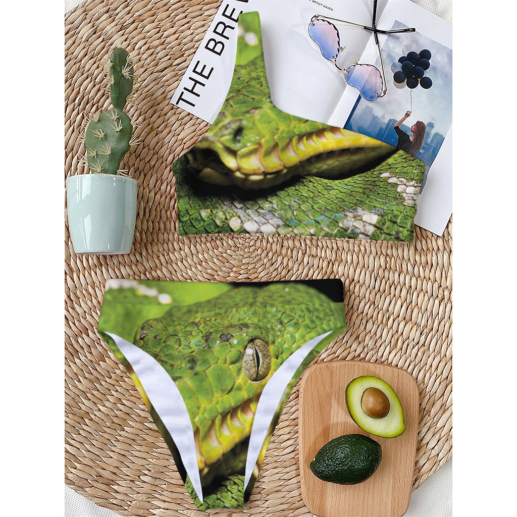 Emerald Tree Boa Snake Print One Shoulder Bikini Top