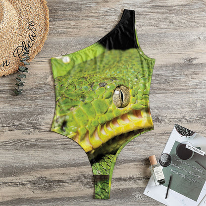 Emerald Tree Boa Snake Print One Shoulder Bodysuit