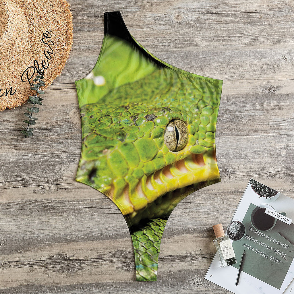 Emerald Tree Boa Snake Print One Shoulder Bodysuit