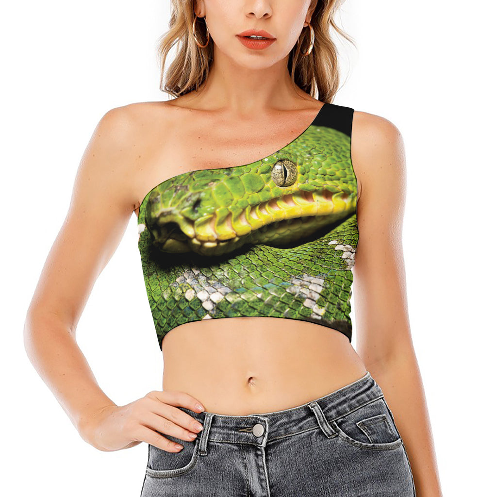 Emerald Tree Boa Snake Print One Shoulder Crop Top
