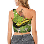 Emerald Tree Boa Snake Print One Shoulder Crop Top