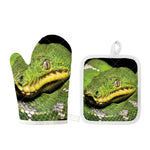Emerald Tree Boa Snake Print Oven Mitt And Pot Holder Set