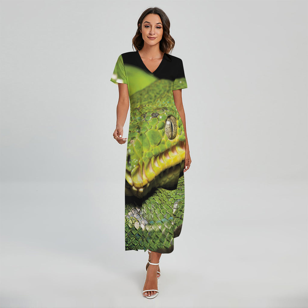 Emerald Tree Boa Snake Print Short Sleeve Maxi Dress