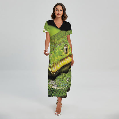 Emerald Tree Boa Snake Print Short Sleeve Maxi Dress