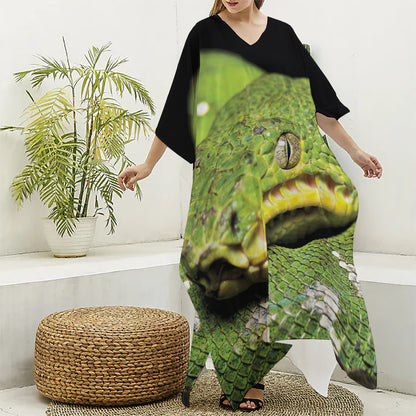 Emerald Tree Boa Snake Print Silk V-Neck Kaftan Dress