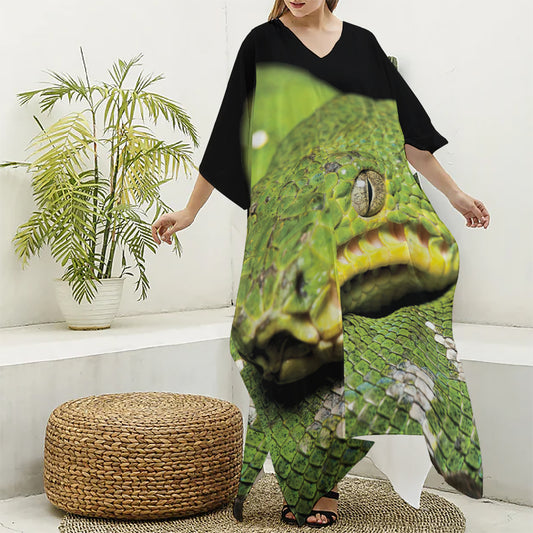 Emerald Tree Boa Snake Print Silk V-Neck Kaftan Dress