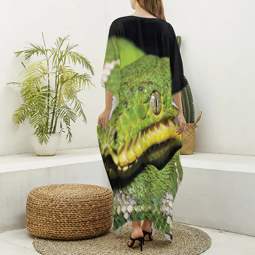 Emerald Tree Boa Snake Print Silk V-Neck Kaftan Dress