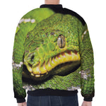 Emerald Tree Boa Snake Print Zip Sleeve Bomber Jacket