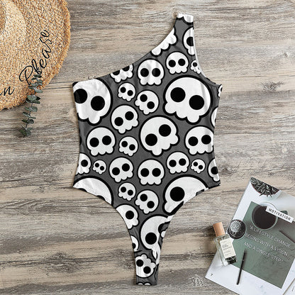 Emo Skull Pattern Print One Shoulder Bodysuit