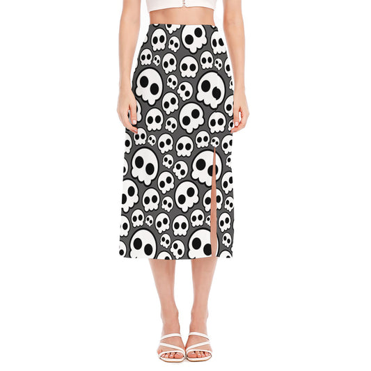 Emo Skull Pattern Print Side Slit Midi Skirt