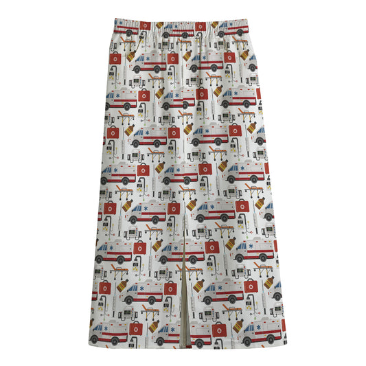 EMS Paramedic Pattern Print Cotton Front Slit Maxi Skirt