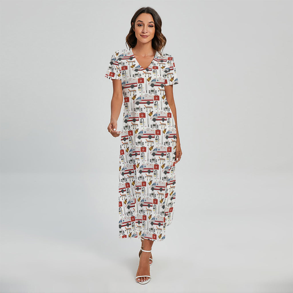EMS Paramedic Pattern Print Short Sleeve Maxi Dress