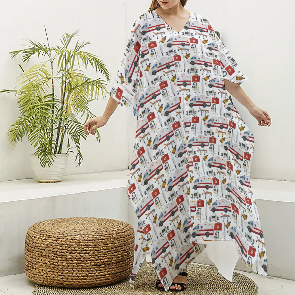 EMS Paramedic Pattern Print Silk V-Neck Kaftan Dress