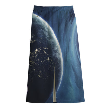 Endless Space Print Cotton Front Slit Maxi Skirt
