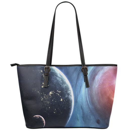 Endless Space Print Leather Tote Bag