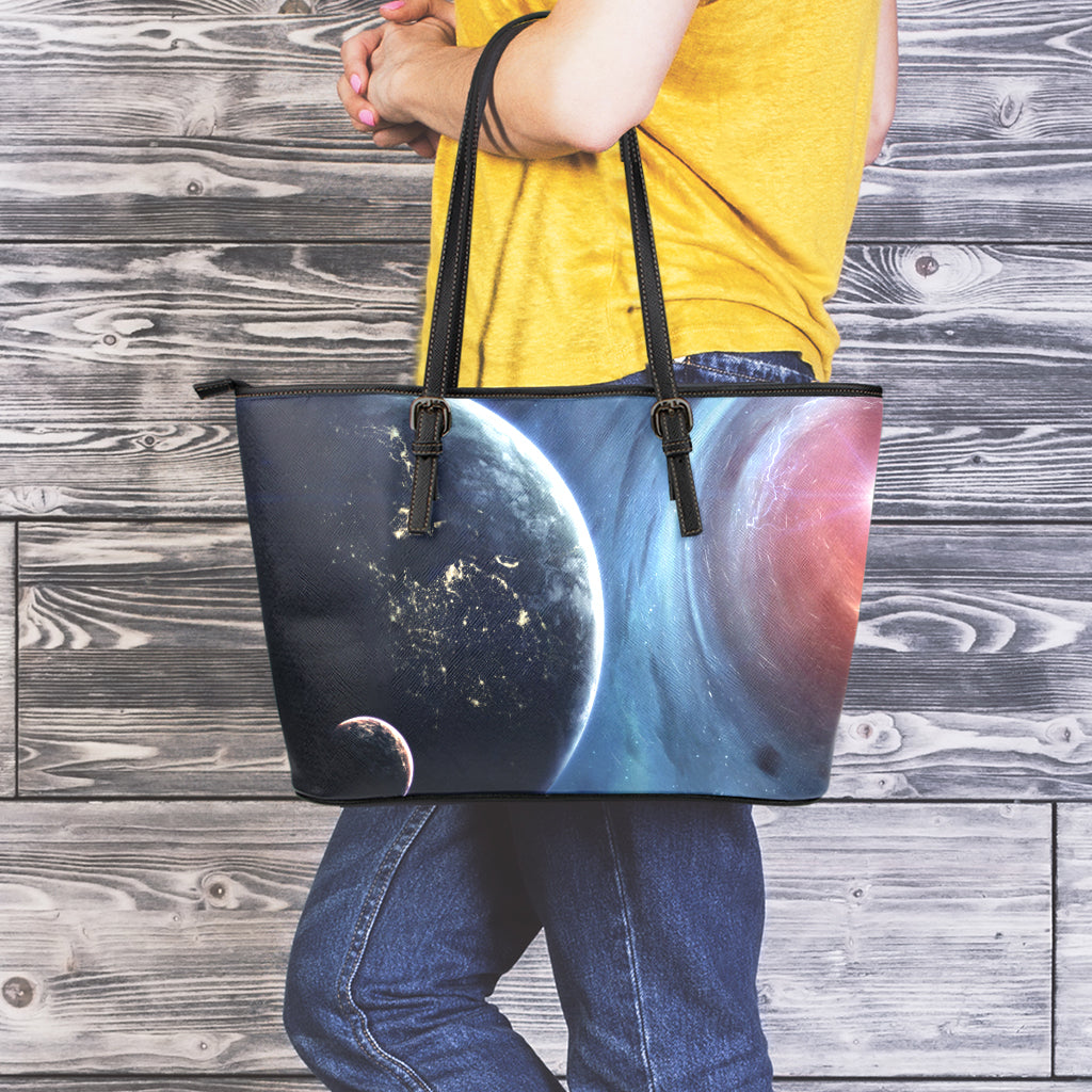 Endless Space Print Leather Tote Bag