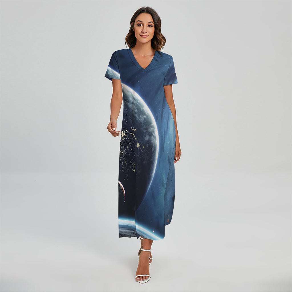 Endless Space Print Short Sleeve Maxi Dress