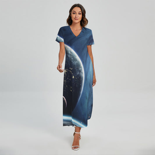 Endless Space Print Short Sleeve Maxi Dress