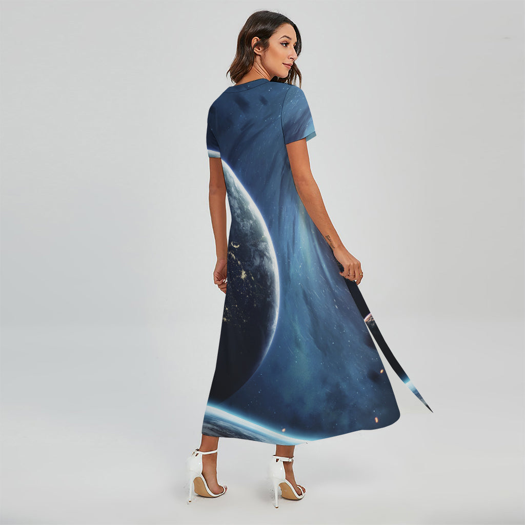 Endless Space Print Short Sleeve Maxi Dress