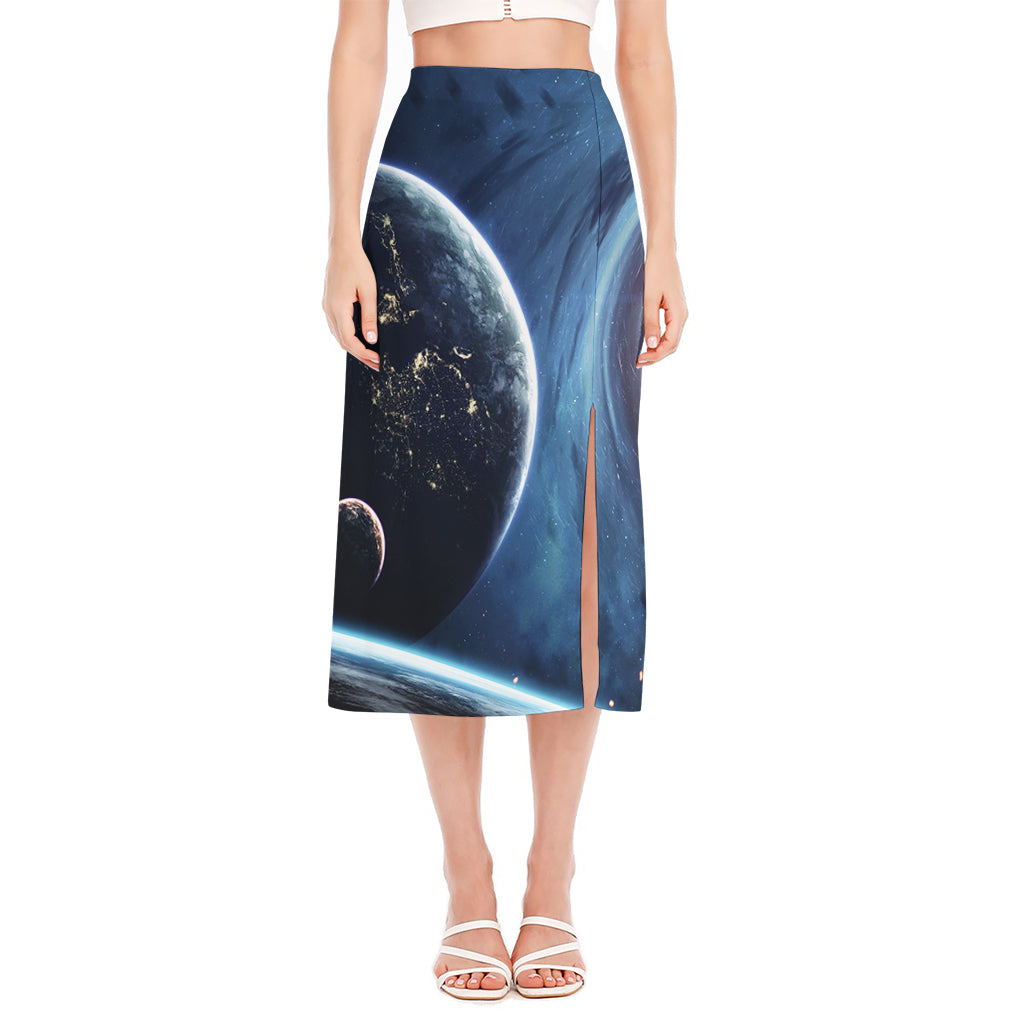 Endless Space Print Side Slit Midi Skirt