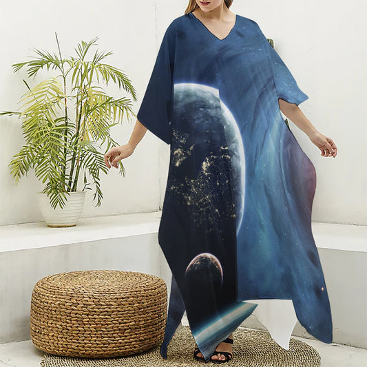 Endless Space Print Silk V-Neck Kaftan Dress