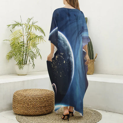 Endless Space Print Silk V-Neck Kaftan Dress