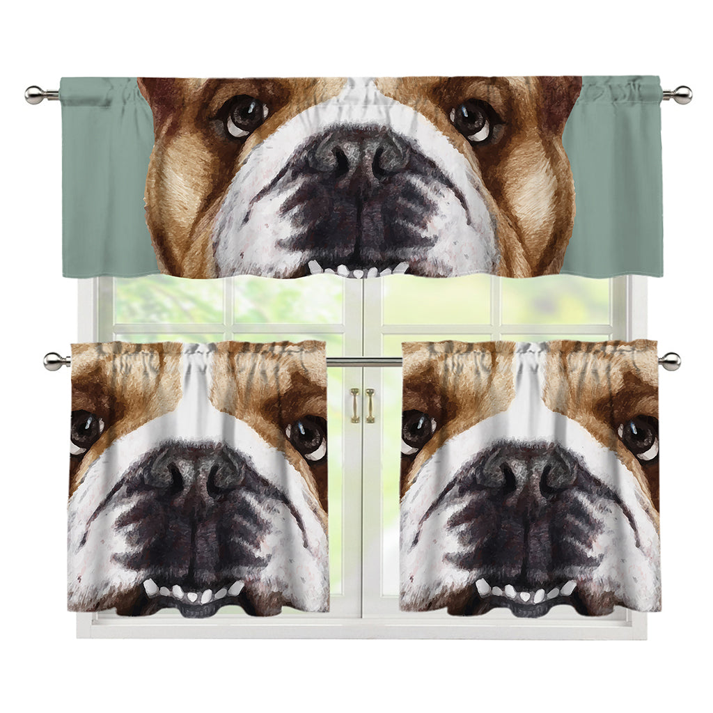 English Bulldog Portrait Print 3 Piece Kitchen Curtains