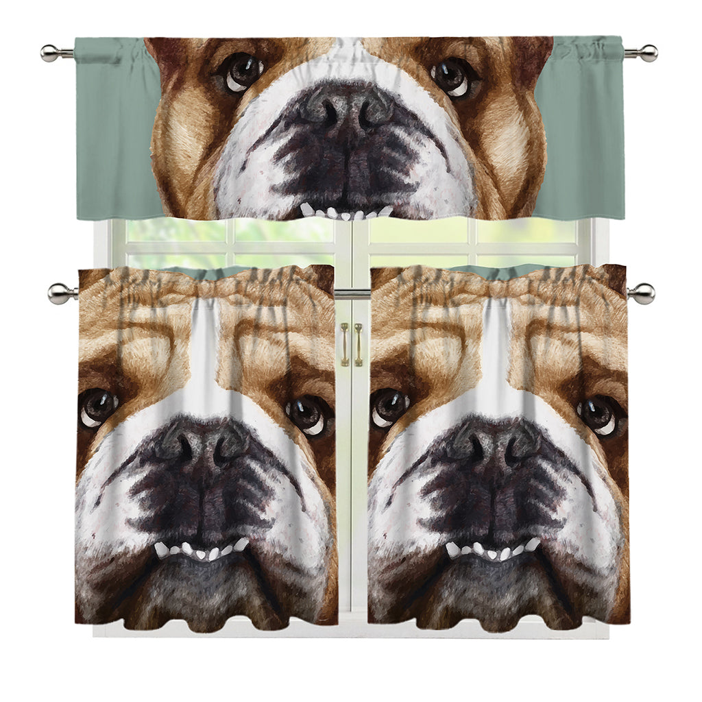 English Bulldog Portrait Print 3 Piece Kitchen Curtains
