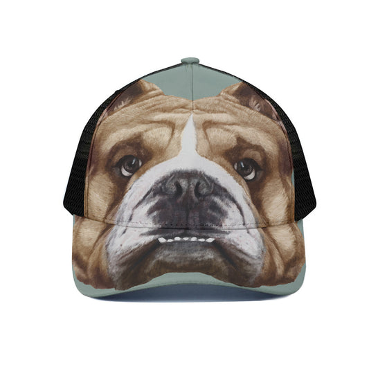 English Bulldog Portrait Print Black Mesh Trucker Cap