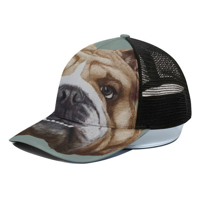 English Bulldog Portrait Print Black Mesh Trucker Cap