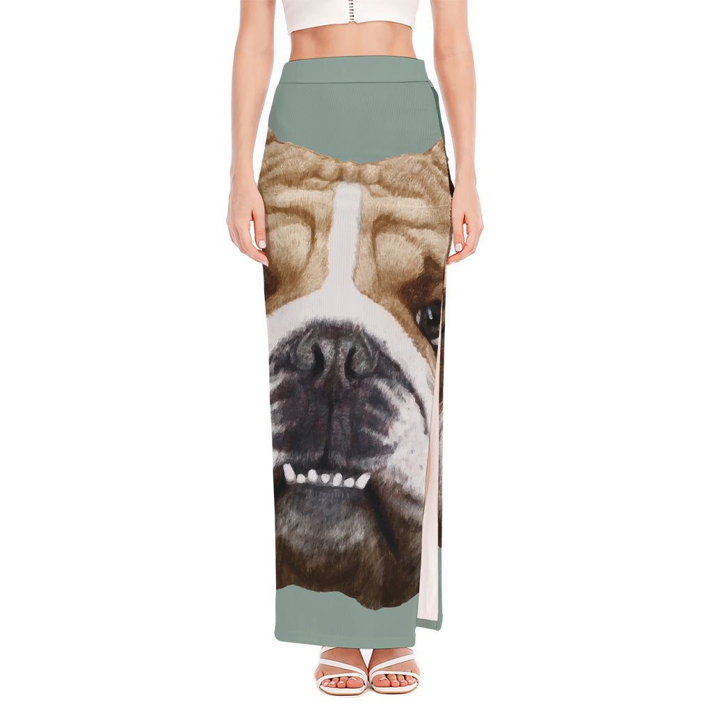 English Bulldog Portrait Print High Slit Maxi Skirt