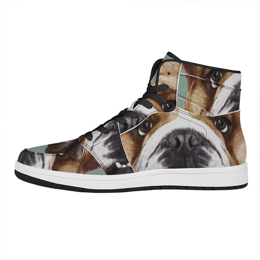 English Bulldog Portrait Print High Top Leather Sneakers