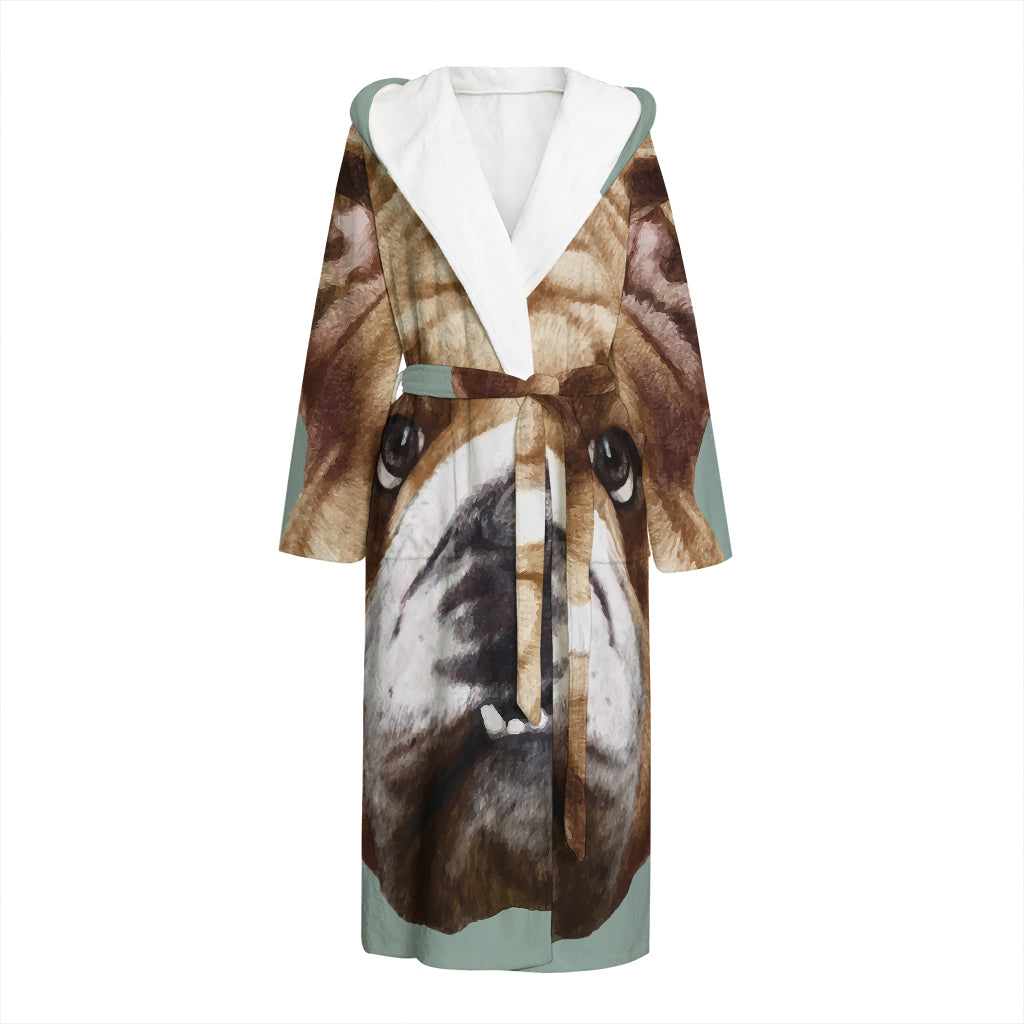 English Bulldog Portrait Print Hooded Bathrobe