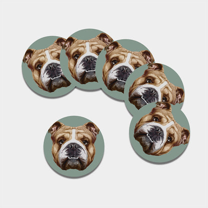 English Bulldog Portrait Print Leather Coaster Set