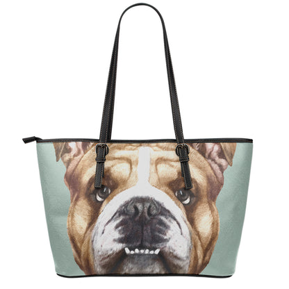 English Bulldog Portrait Print Leather Tote Bag